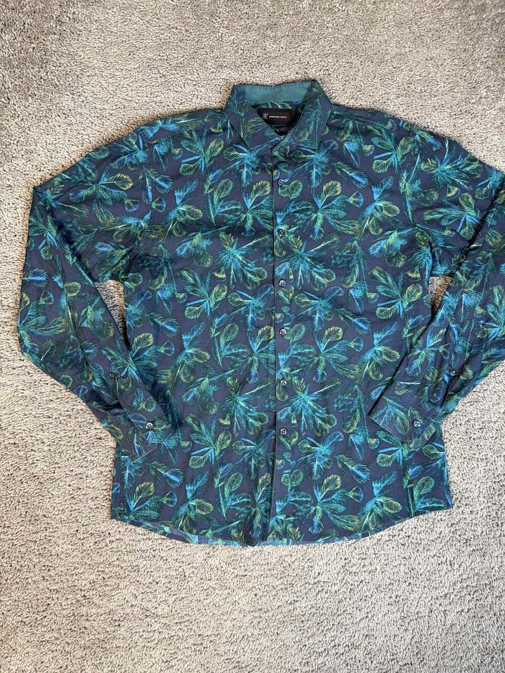 INC International Concepts Shirt Mens M Blue Hawaiian Long Sleeve Button Up